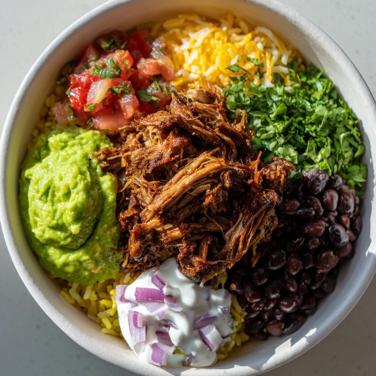 Enjoy a visually appealing bowl with this Chipotle Burrito Bowl copycat containing savory carnitas, and fresh salsa.