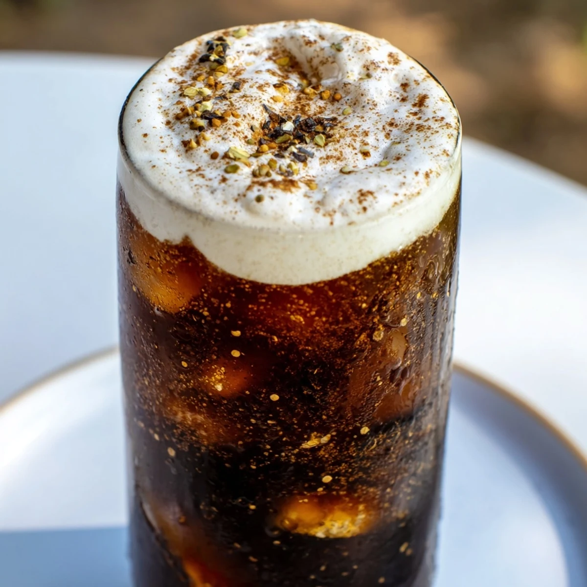 This stunning homemade iced chai shows a beautiful layered effect with creamy foam swirling.