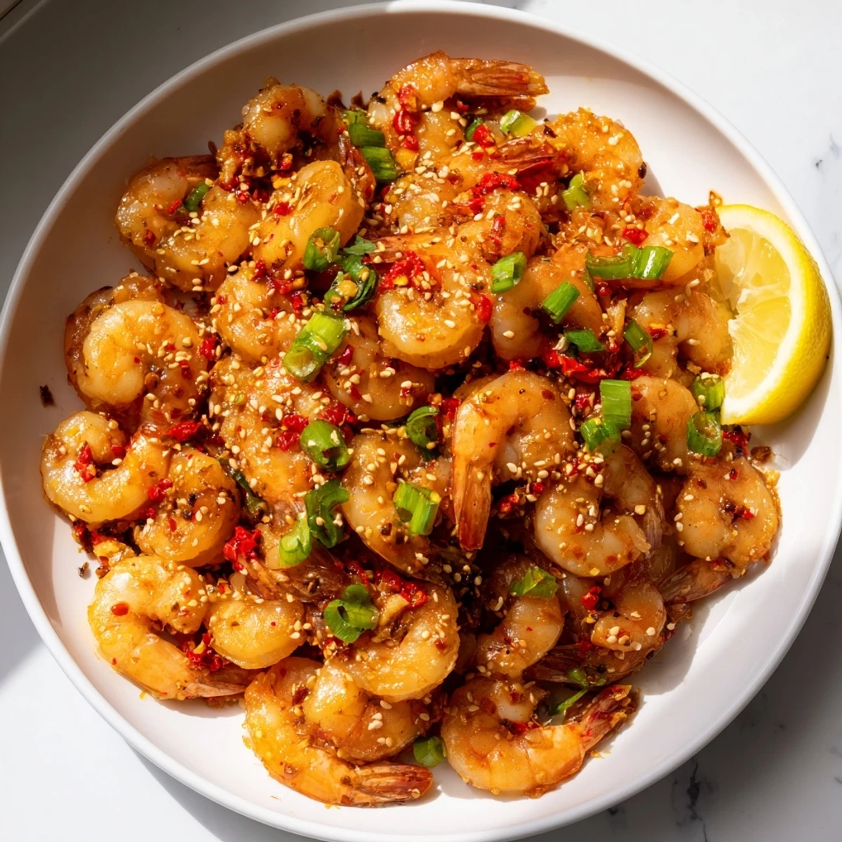 Golden, glistening Korean Garlic Butter Shrimp, ready to serve with a sprinkle of fresh scallions.