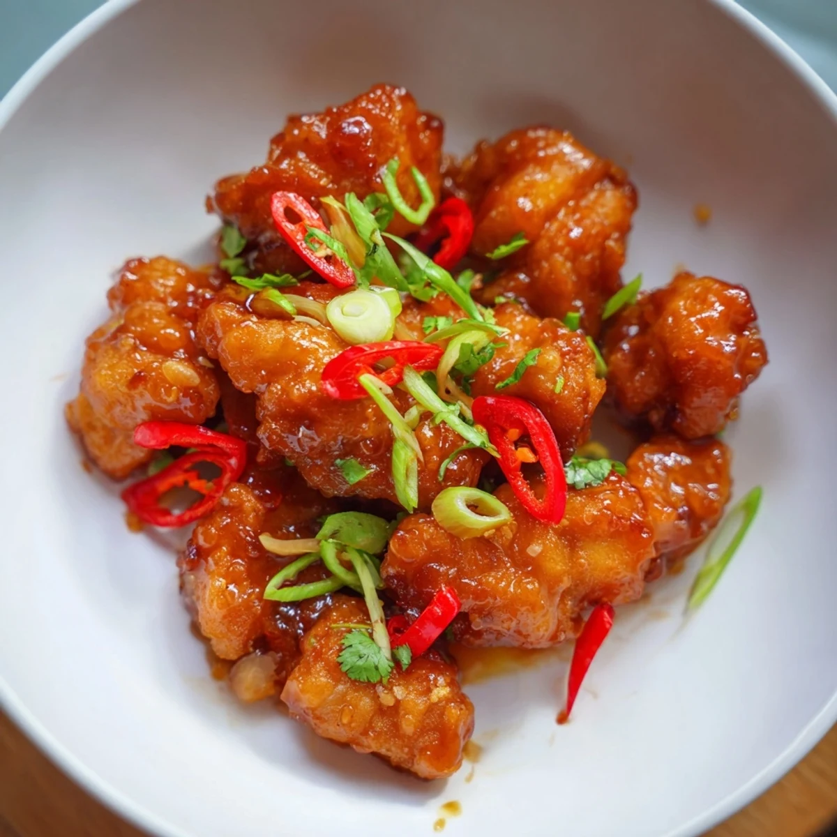 A close-up of Vietnamese Caramel Chicken; imagine tender cooked pieces with fresh herbs on top, delicious.