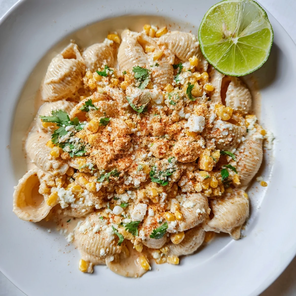 A creamy bowl of Mexican Street Corn Pasta, topped with crumbled cotija and fresh cilantro.