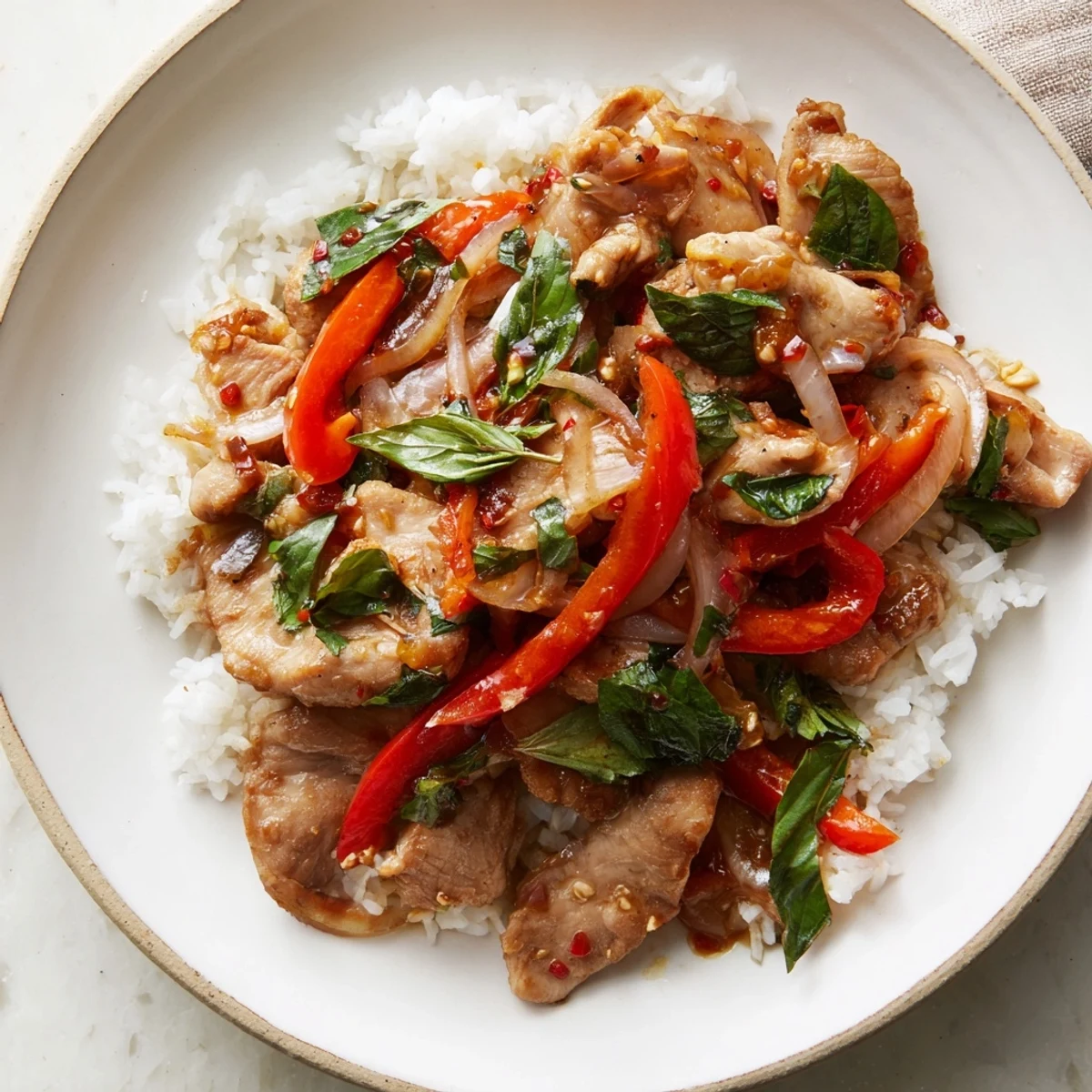 A flavorful Thai Basil Chicken Bowl with perfectly cooked chicken and fragrant basil.