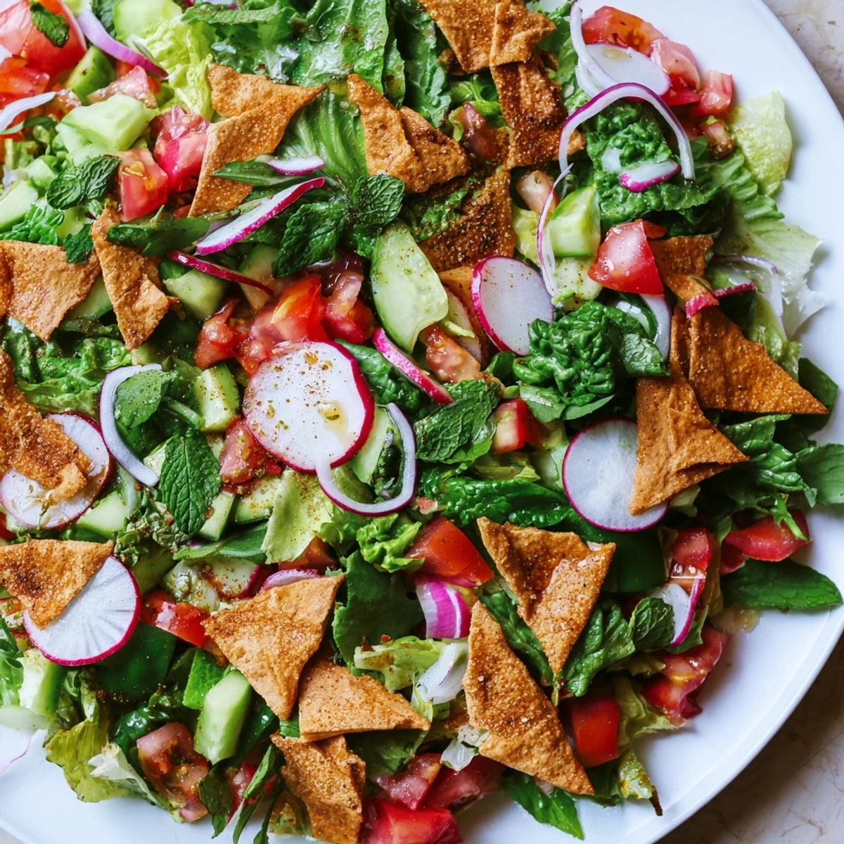A refreshing Lebanese Fattoush Salad with vibrant colors and crispy pita chips, ready to enjoy.
