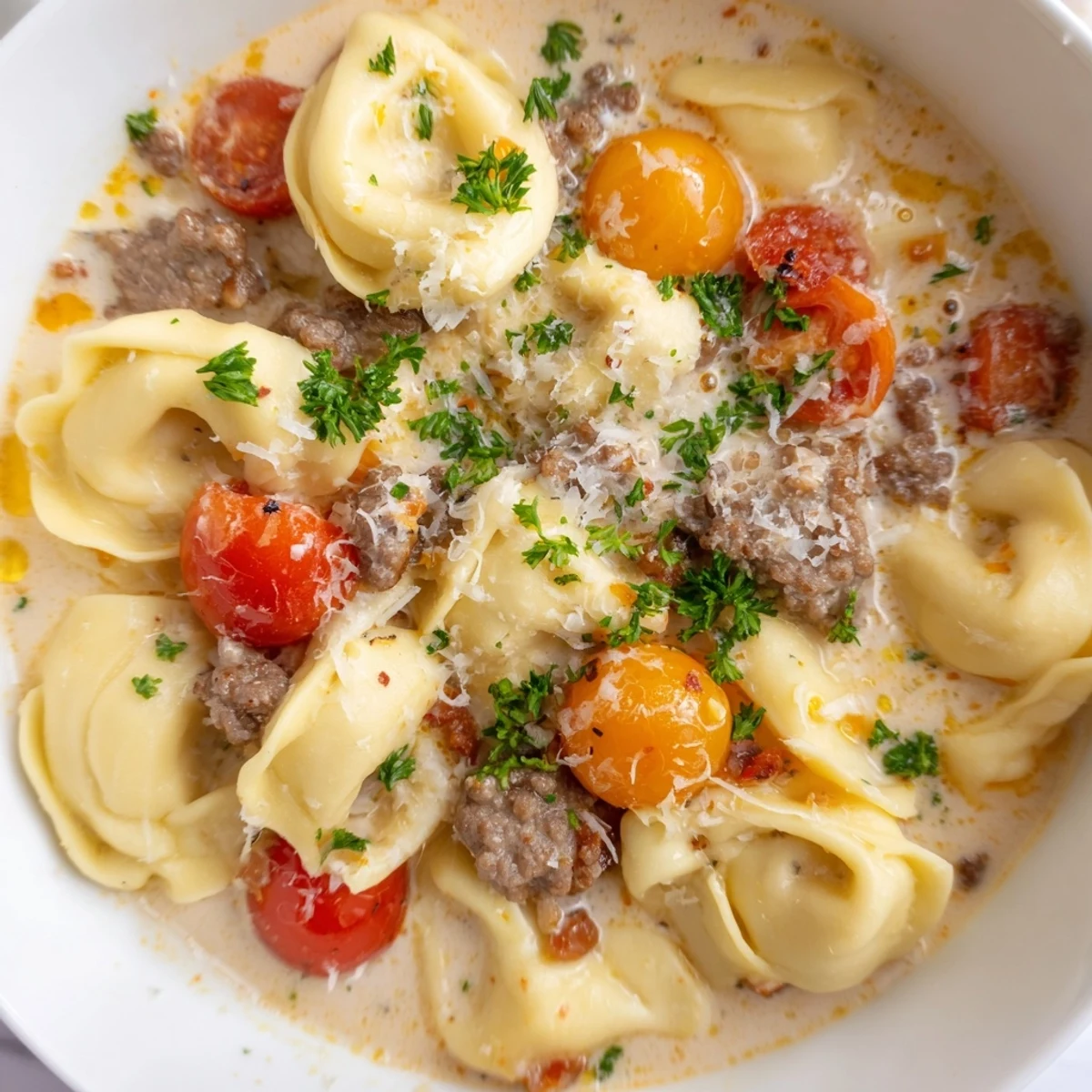 Steaming bowl of Tortellini Beef Soup, featuring tender tortellini with savory beef and creamy broth, ready to enjoy.