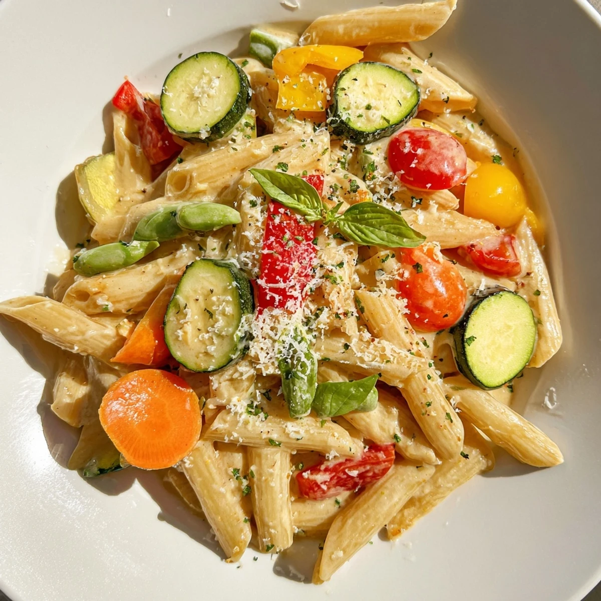 One-Pot Creamy Pasta Primavera bubbling, full of colorful vegetables, perfect for a cozy dinner.