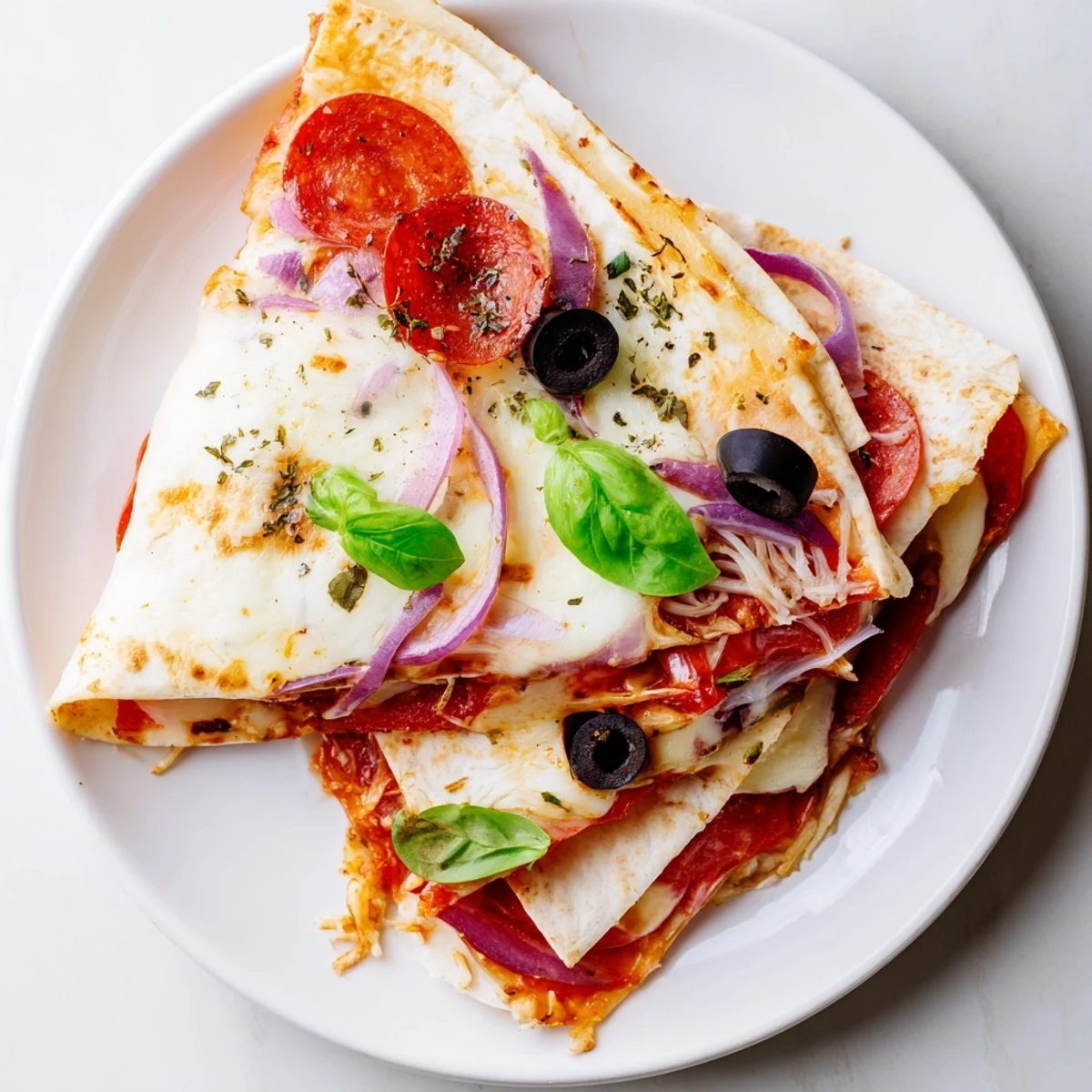 Folded tortilla pizza wrap recipe with crispy edges, ready to eat alongside a fresh salad.