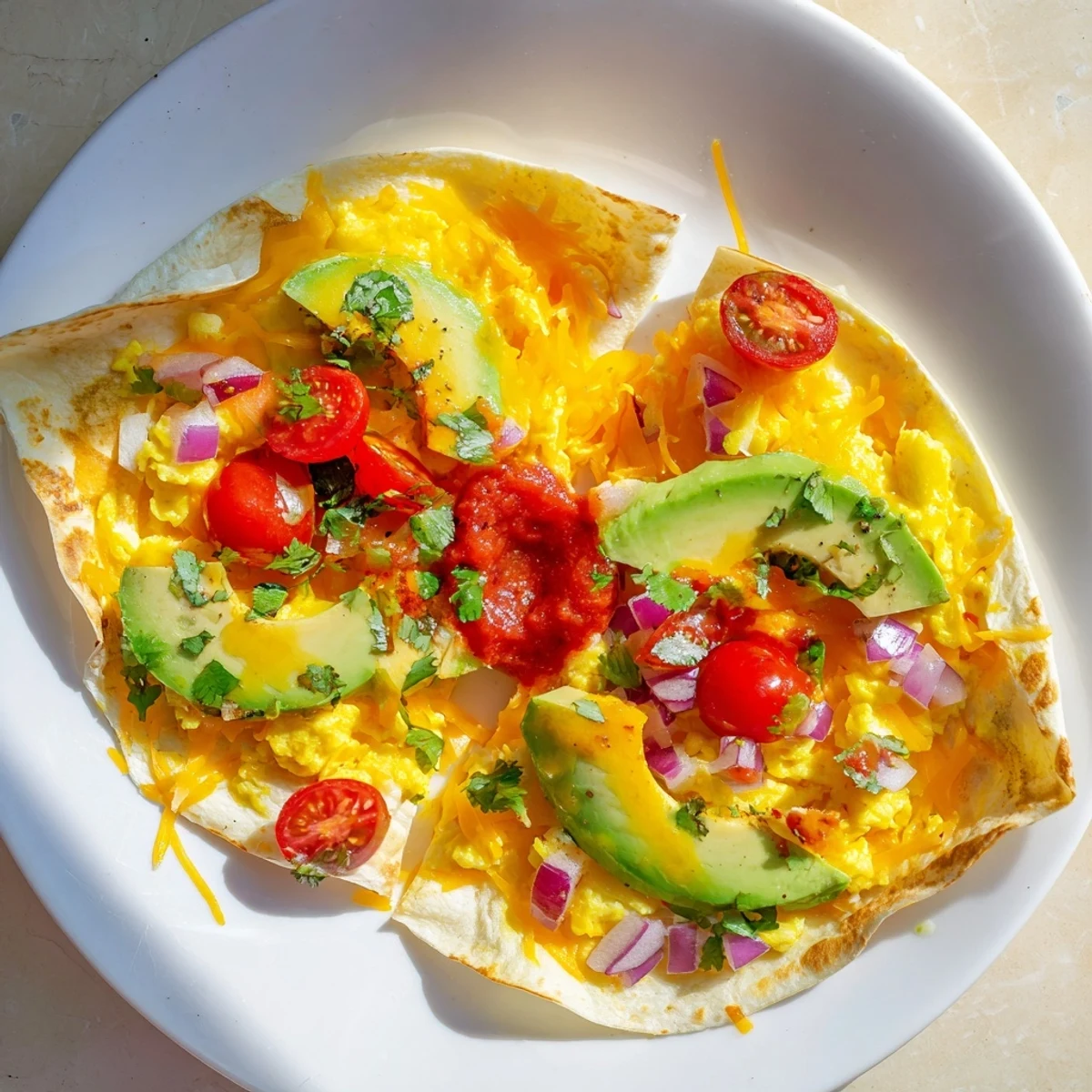 Sheet Pan Breakfast Tacos ready to eat, featuring fluffy eggs, cheese, and vibrant toppings.