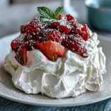 Golden-brown meringue shells filled with vanilla cream and ripe berries, perfect for celebrations.  
