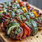 Colorful medley of grilled vegetables drizzled with fresh chimichurri, offering a burst of flavor in every bite.  