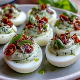 Savory Caprese Deviled Eggs bursting with creamy filling, mozzarella, and cherry tomatoes.