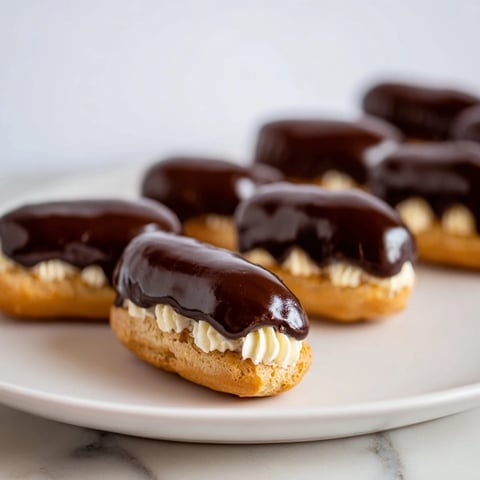 Mini chocolate éclairs in a row: imagine golden choux pastry filled with creamy vanilla, topped with rich chocolate.