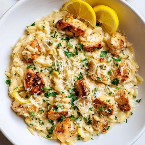 Golden-brown, bite-sized chicken pieces nestled amidst creamy lemon orzo, ready to serve and enjoy.