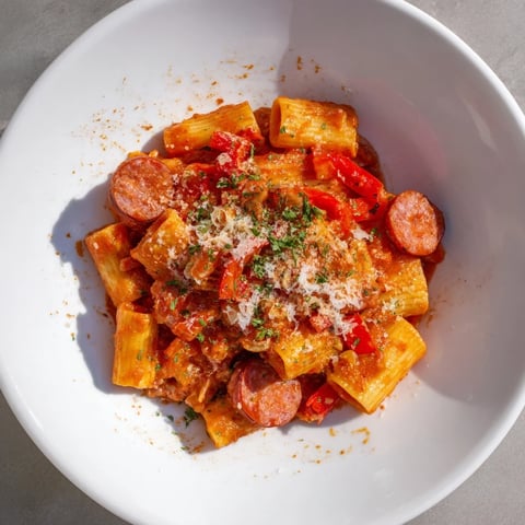 Smoky Spanish chorizo pasta, finished with fresh parsley and cheese, is ready to serve.