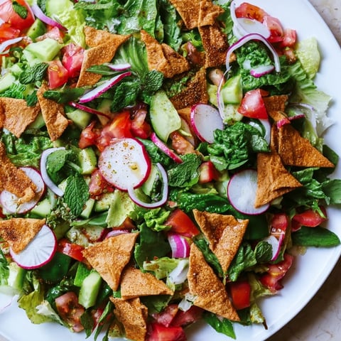 A refreshing Lebanese Fattoush Salad with vibrant colors and crispy pita chips, ready to enjoy.