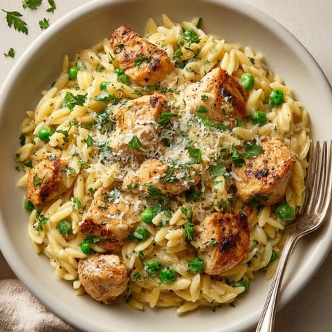 Close-up of flavorful one-pot buttery garlic chicken orzo, revealing tender chicken and peas.