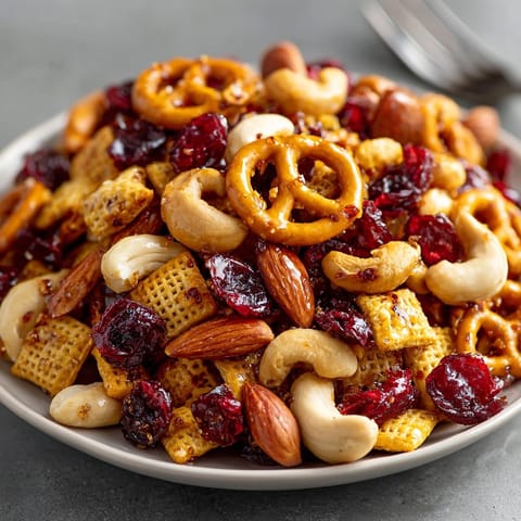 A big bowl of Cherry Hot Honey Pretzel Snack Mix: crunchy, spicy, and ready-to-eat!