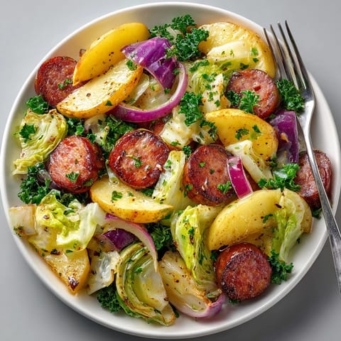 Sausages nestled amidst roasted vegetables in this easy Maple Dijon Sausage-Apple-Cabbage Sheet Pan recipe.