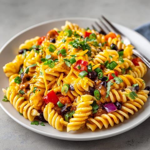 A creamy, cheesy Cheesy Black Bean Chili Pasta with a rustic texture, perfect for a hearty dinner.