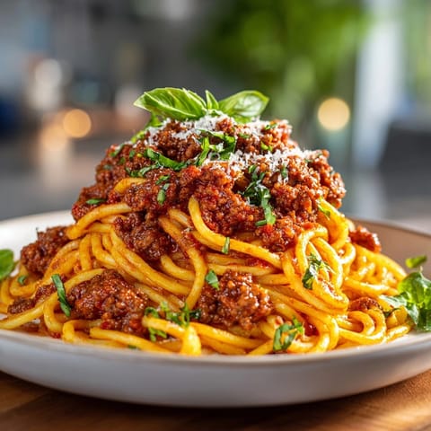 Vibrant red sauce coats the spaghetti "brain" in this creative Halloween "Brain" Pasta Bolognese dish.