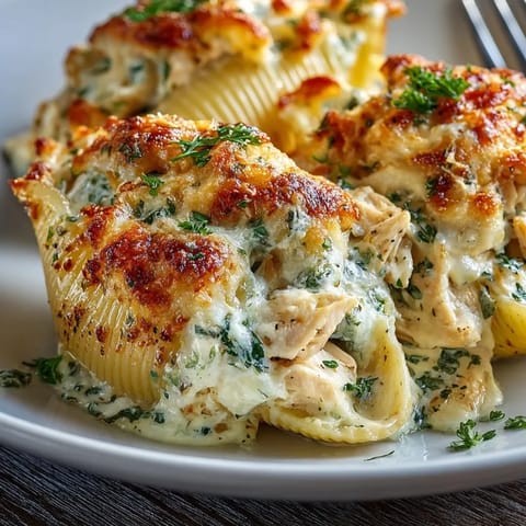 A close-up shows fully baked Chicken Alfredo Stuffed Shells, a hearty Italian-American comfort food.