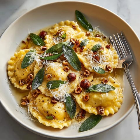 A plate of savory acorn squash ravioli, garnished with fresh sage and toasted hazelnuts.