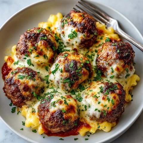 Juicy mac and cheese stuffed meatballs on a sheet pan, served hot with rich marinara sauce.