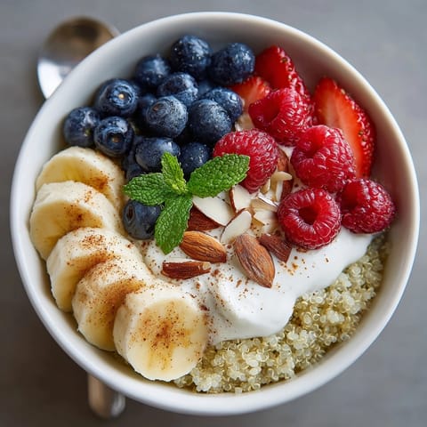 Vibrant Protein-Rich Quinoa Breakfast Bowl served with banana slices, chia seeds, and drizzled honey.