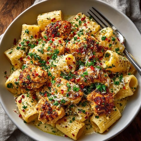 Creamy Garlic Butter Chicken with Rigatoni and Parmesan served in a cozy weeknight dinner setting