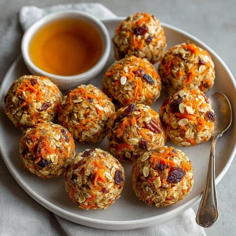 No-bake Carrot Cake Energy Balls with oats, shredded carrots, and nuts for a wholesome snack option.