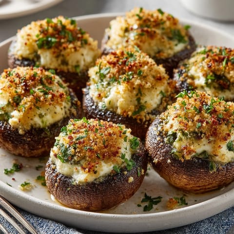 Warm cheesy stuffed garlic mushrooms on a platter, garnished with fresh herbs, ready for guests.