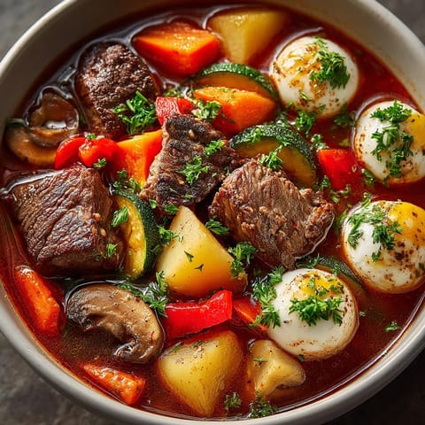Halloween Ghoul-ash Stew: A flavorful, comforting one-pot beef stew garnished with spooky eyeballs.