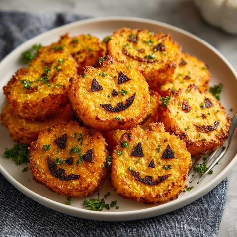 Golden Air-Fryer Sweet Potato Jack-o'-Lantern Fries, showing detailed carvings and smoky seasoning.