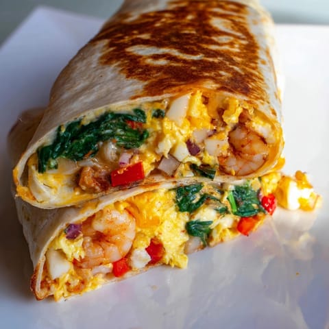 Fluffy Shrimp &amp; Spinach Breakfast Burritos brimming with cheese, ready to be enjoyed with salsa.