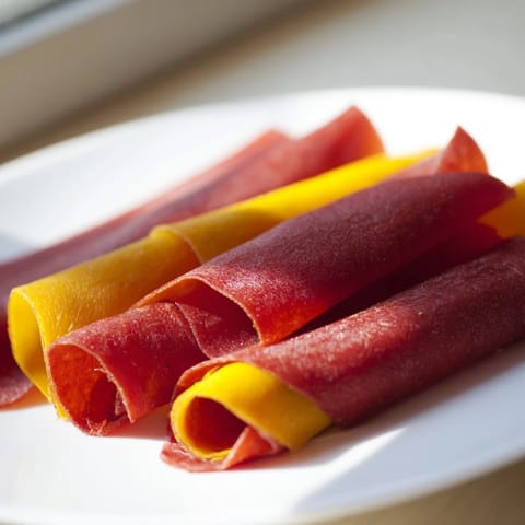 Vibrant, chewy fruit leather crafted with ripe mango and strawberries for healthy treats.  