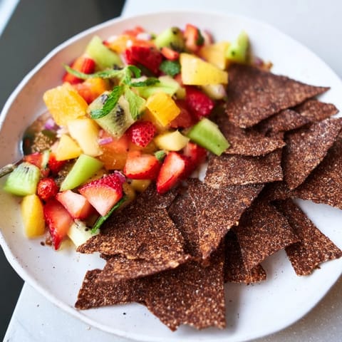 Delicious dessert chips & salsa featuring sweet fruit and crunchy chocolate delights.  
