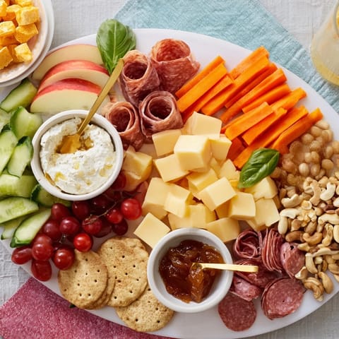 Delightful girl dinner platter showcasing fresh cheeses, crunchy vegetables, and savory snacks.  