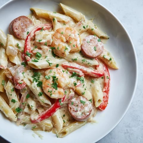 A steaming skillet of Cajun Sausage & Shrimp Alfredo pasta, tossed in creamy sauce and garnished.
