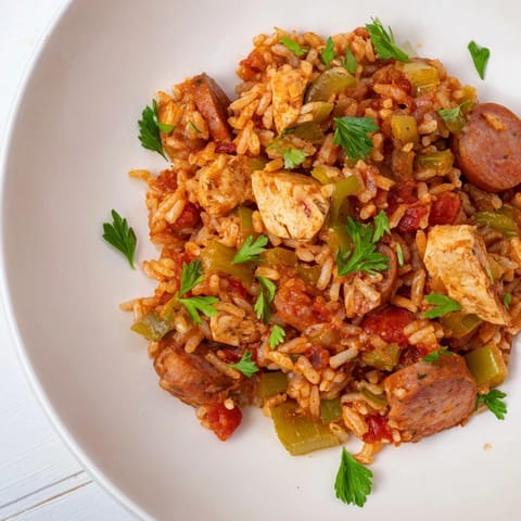 A steaming bowl of Simple Chicken and Sausage Jambalaya Bake, a perfect comfort food with vibrant colors.