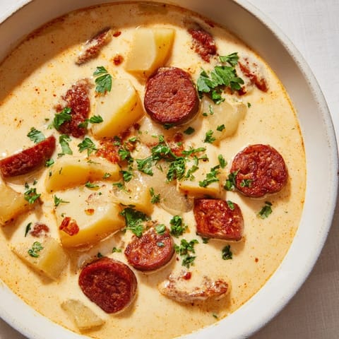 Close-up of a bubbling bowl of Creamy Chorizo Potato Soup, garnished with fresh parsley for serving.