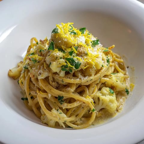 Creamy roasted cauliflower garlic pasta, a velvety vegetarian delight, served hot and ready.