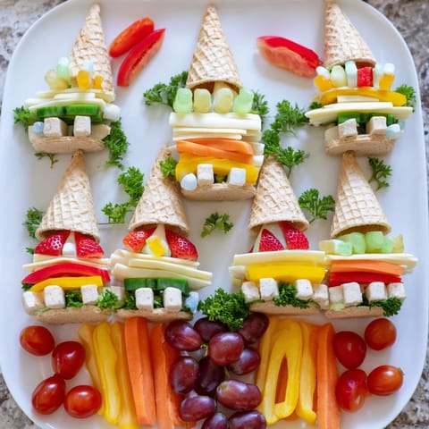 Visually stunning Fairy Tale Castle Platter filled with strawberries, grapes, and candy treats for guests.