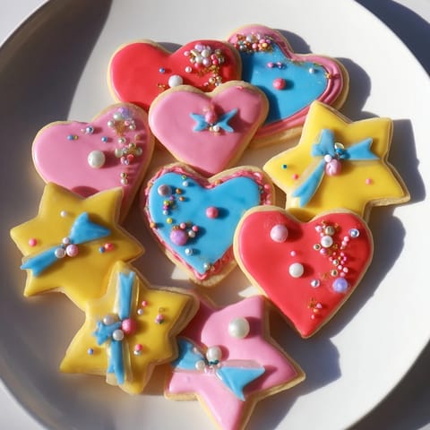 Delicate Pretty Bows Heart & Star Cookies, freshly baked and embellished with charming bow icing designs and edible pearls.