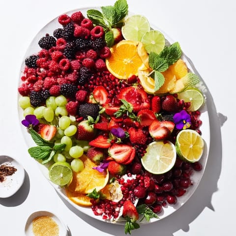 Vibrant Bubbly Bar Garnish Platter: Colorful fruit, herbs, and treats ready to dress up champagne.