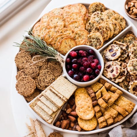 Holiday crackers arranged in a festive platter, ready to be paired with cheese and dips for serving.