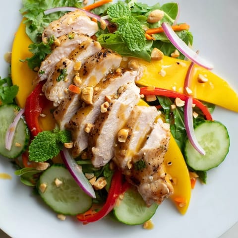 A flavorful Thai Mango Chicken Salad, featuring fresh herbs and a zesty lime-chili dressing.
