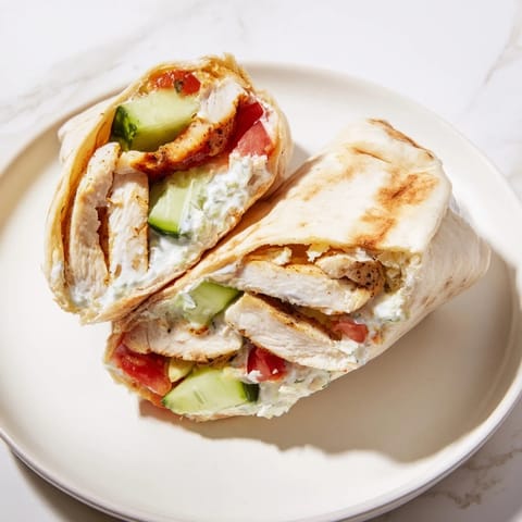 Juicy Greek Chicken Wrap filled with charred chicken, cool cucumber, and tangy tzatziki sauce in warm pita bread.  