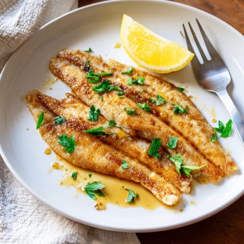 Golden-brown flounder meunière fillets resting in a glossy lemon-browned butter sauce, garnished with fresh parsley and lemon wedges.