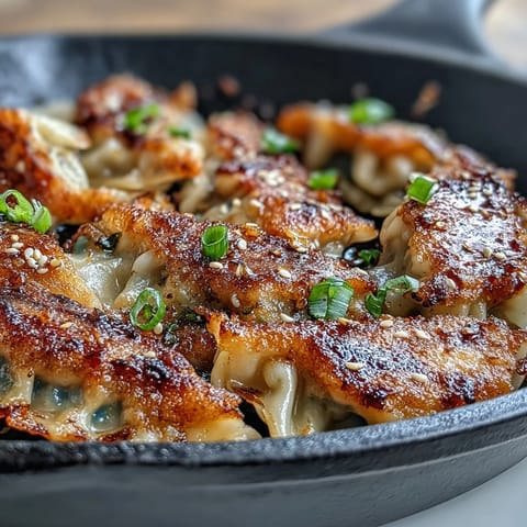 Golden-brown, crispy smashed gyozas are ready to dip in savory sauce.