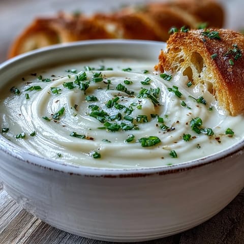 Cream of Potato Soup ladled from a pot, showing its velvety texture, served alongside crusty artisan bread.