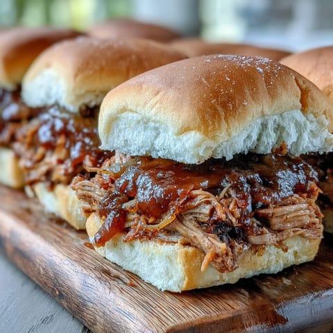 A close-up of juicy applesauce pulled pork sandwiches served on toasted buns, garnished with fresh coleslaw and a drizzle of sauce.